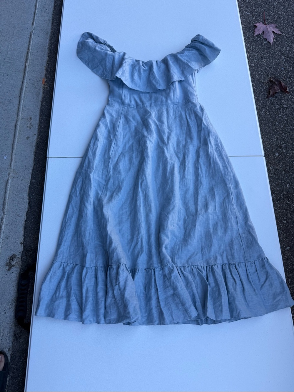 Wilfred Light Blue Off-Shoulder Ruffle Hem Dress
